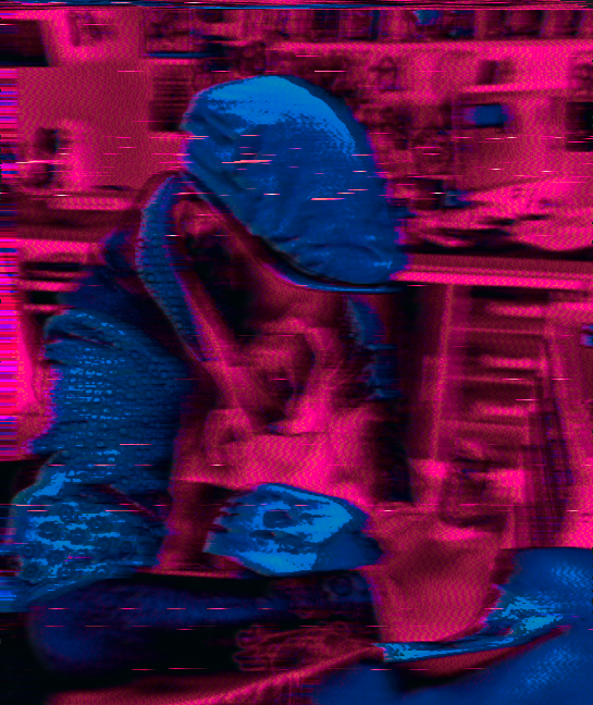Portrait de Gaston avec effet glitch bleu et rose