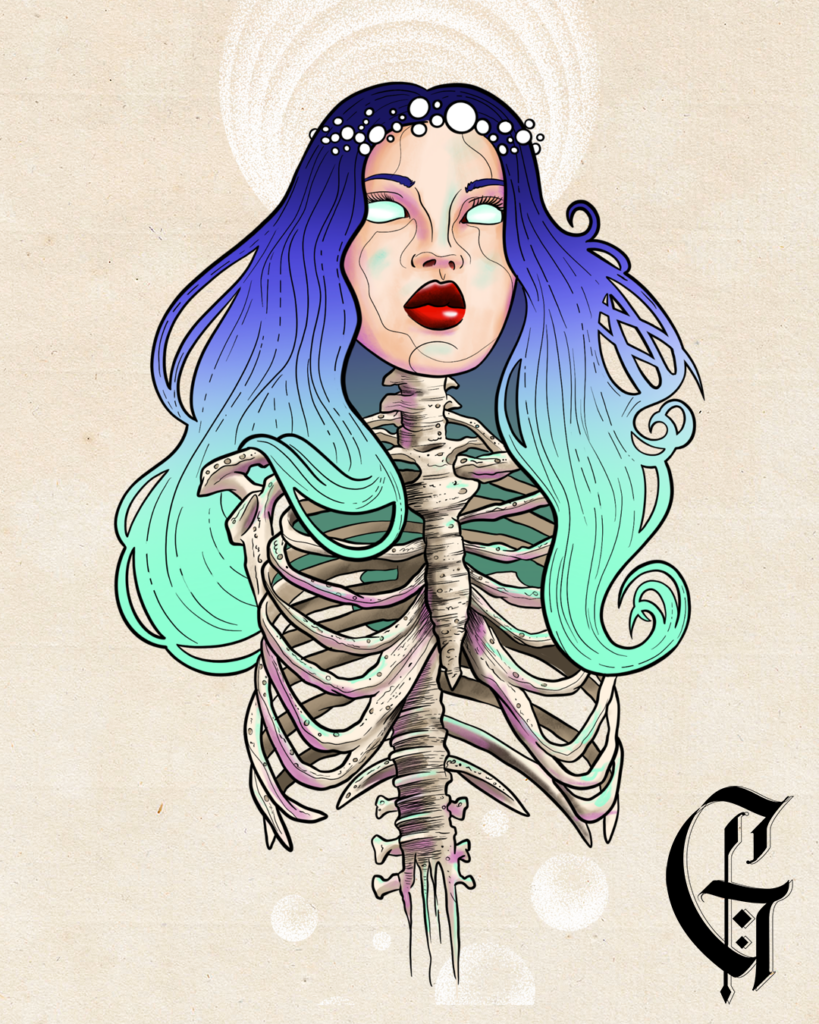 flash tatouage femme squelette onirique