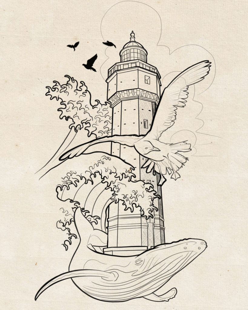 flash tatouage phare baleine mer