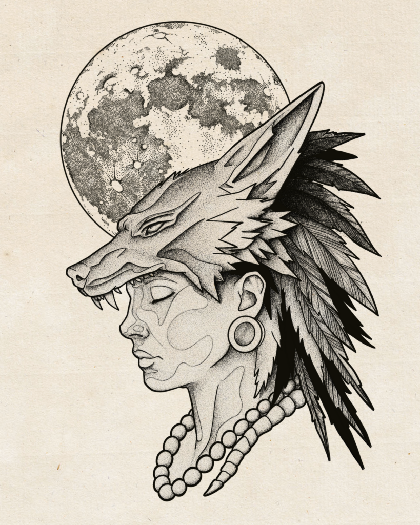 flash tatouage portrait femme loup lune