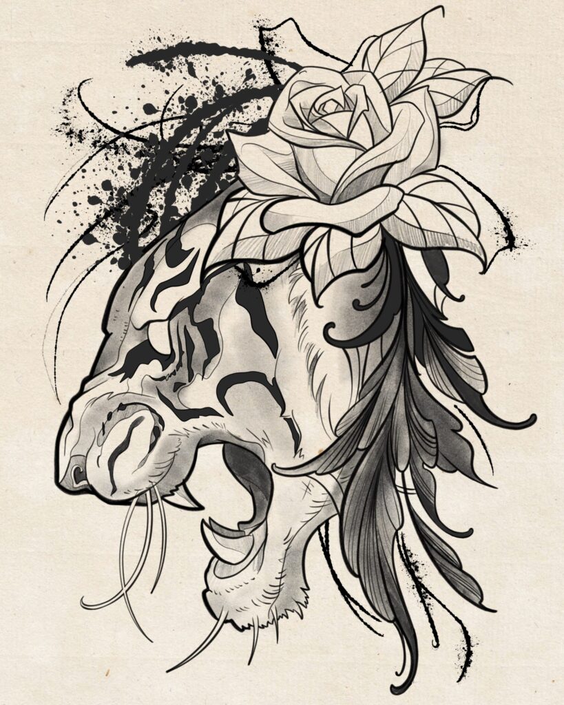 flash tatouage tigre fleur noir et gris