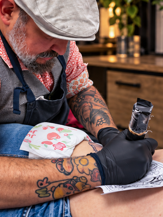 Gaston le Tatoueur pendant une séance de tatouage