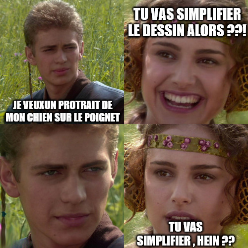 Mème Anakin et Padmé : vouloir un portrait de chien réaliste sur deux centimètres sans accepter de simplifier le dessin