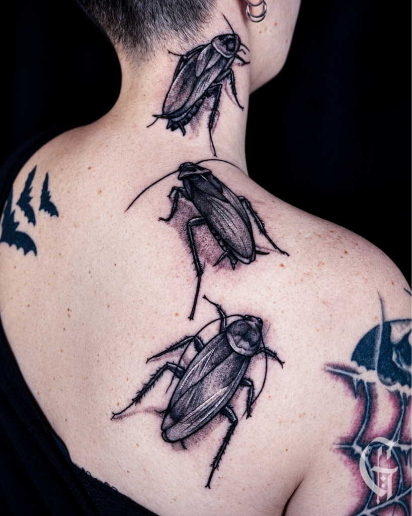 tatouage cafards noir et gris peppershading