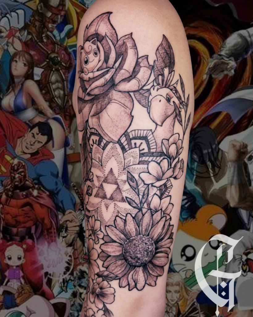 tatouage jeux video mandala noir et gris