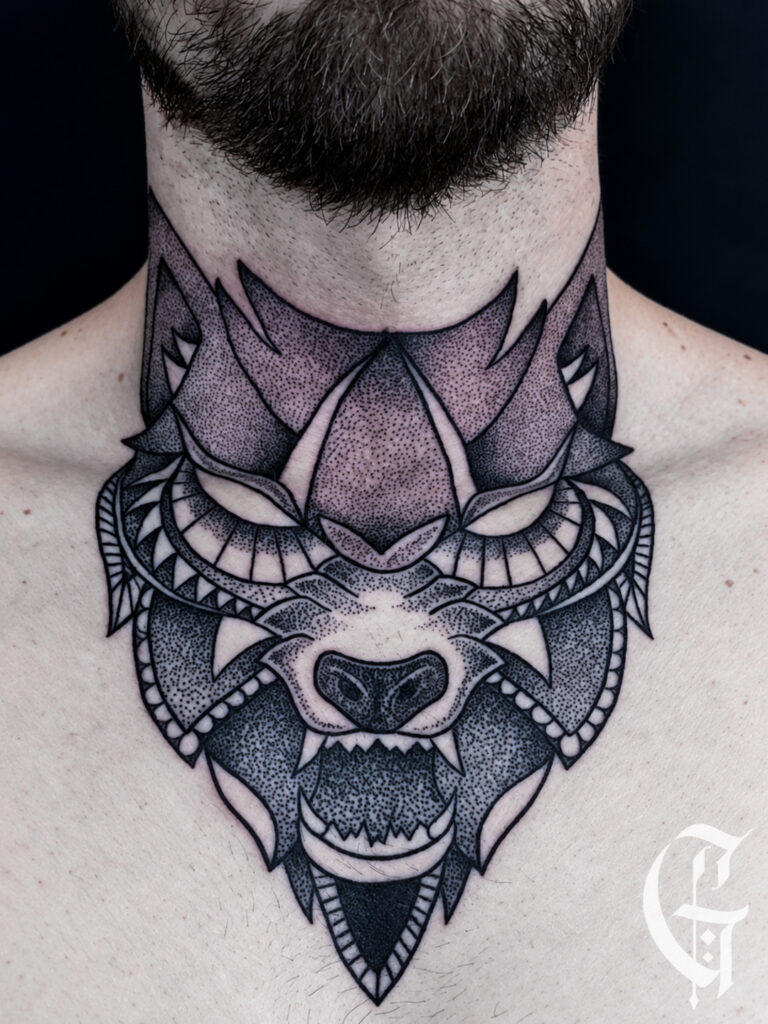 tatouage loup graphique cou dotwork