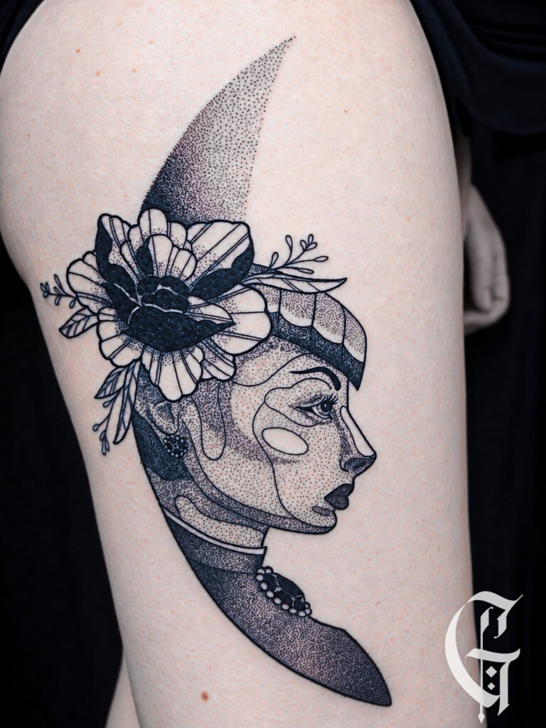 tatouage portrait dotwork noir et gris