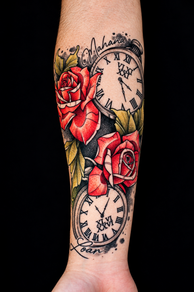 tatouage roses horloge heure de naissance 1