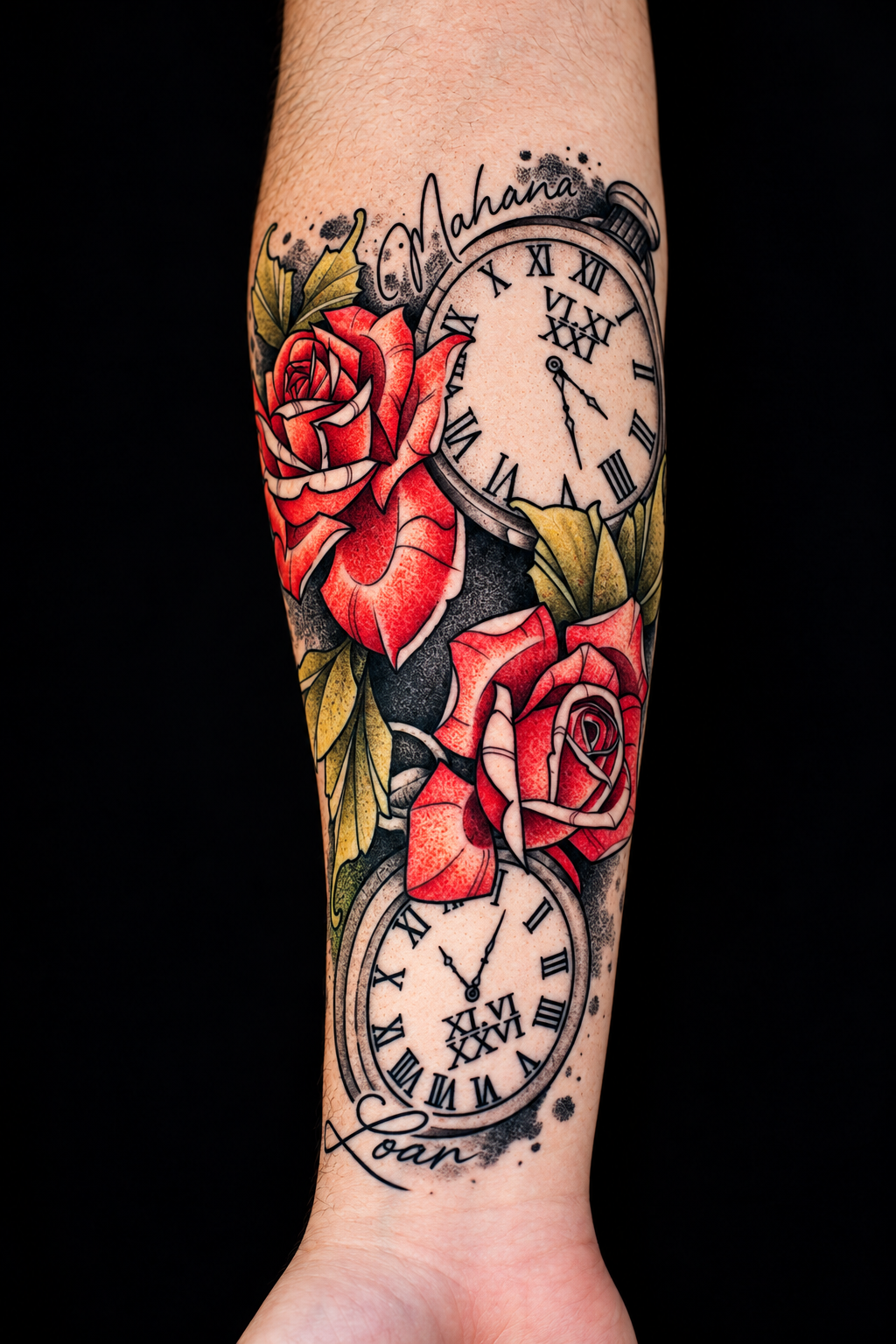 Tatouage d'horloges à chiffres romains et de roses rouges avec les prénoms et heures de naissance de deux enfants