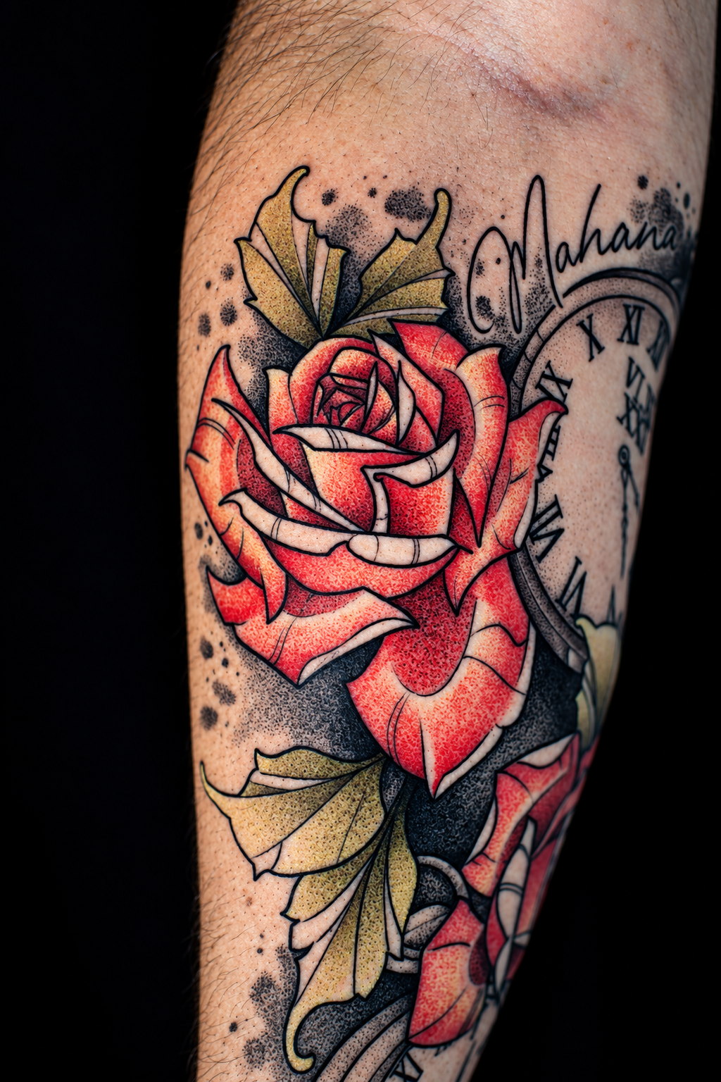 Autre vue du tatouage illustratif associant horloges, roses rouges et prénoms sur un avant-bras
