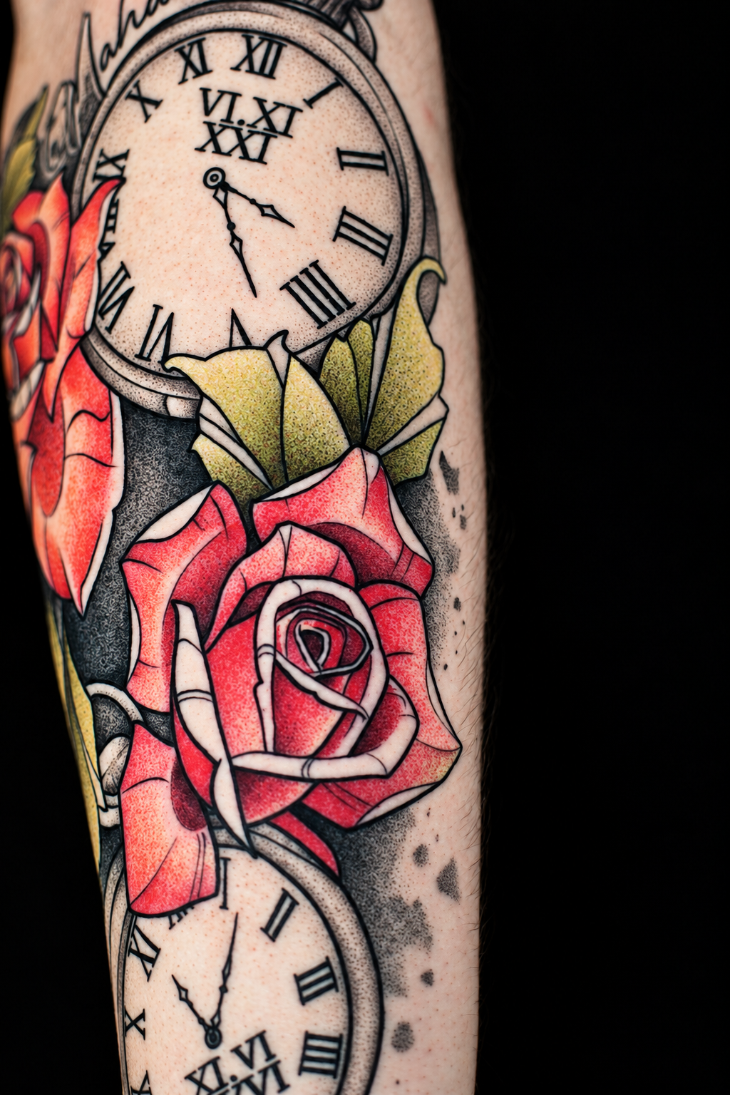 Photographie du tatouage de naissance avec deux cadrans d'horloge et des roses rouges