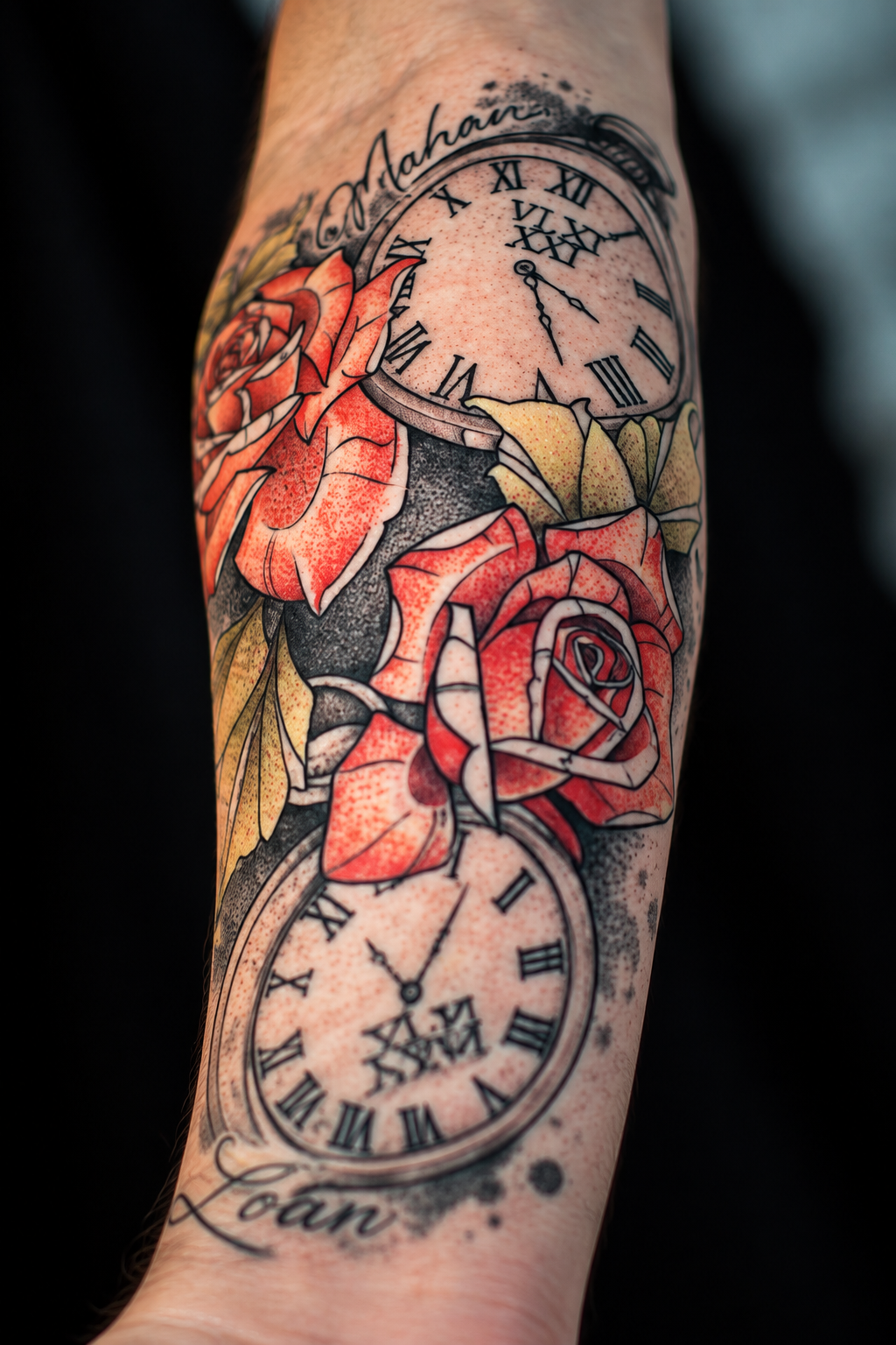 Autre angle du tatouage d'horloges et de roses réalisé par Gaston à Montélimar